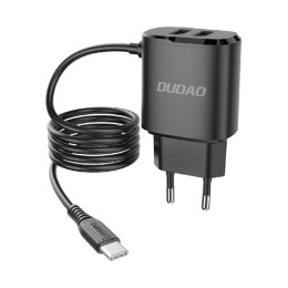 [PO ZWROCIE] Dudao ładowarka sieciowa 2x USB z wbudowanym kablem USB Typ C 12 W czarny (A2ProT black)
