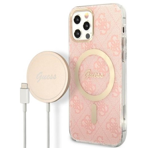 Guess zestaw nakładka + ładowarka do iPhone 12 / 12 Pro 6,1" GUBPP12MH4EACSP różowy hard case 4G Print MagSafe