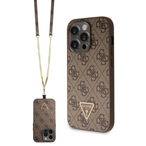 Guess nakładka do iPhone 14 Pro 6,1" GUHCP14LP4TDSCPW brązowa HC PU Leather Metal Logo Strass Crossbody