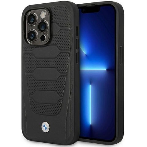 BMW nakładka do iPhone 14 Pro Max 6,7" BMHMP14X22RPSK czarna hard case Leather Seats Pattern MagSafe