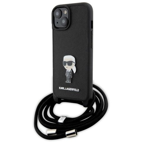 Karl Lagerfeld nakładka do iPhone 15 6,1" KLHCP15SSASKNPSK czarna HC Saffiano Ikonik Metal Pin Monogram Crossbody